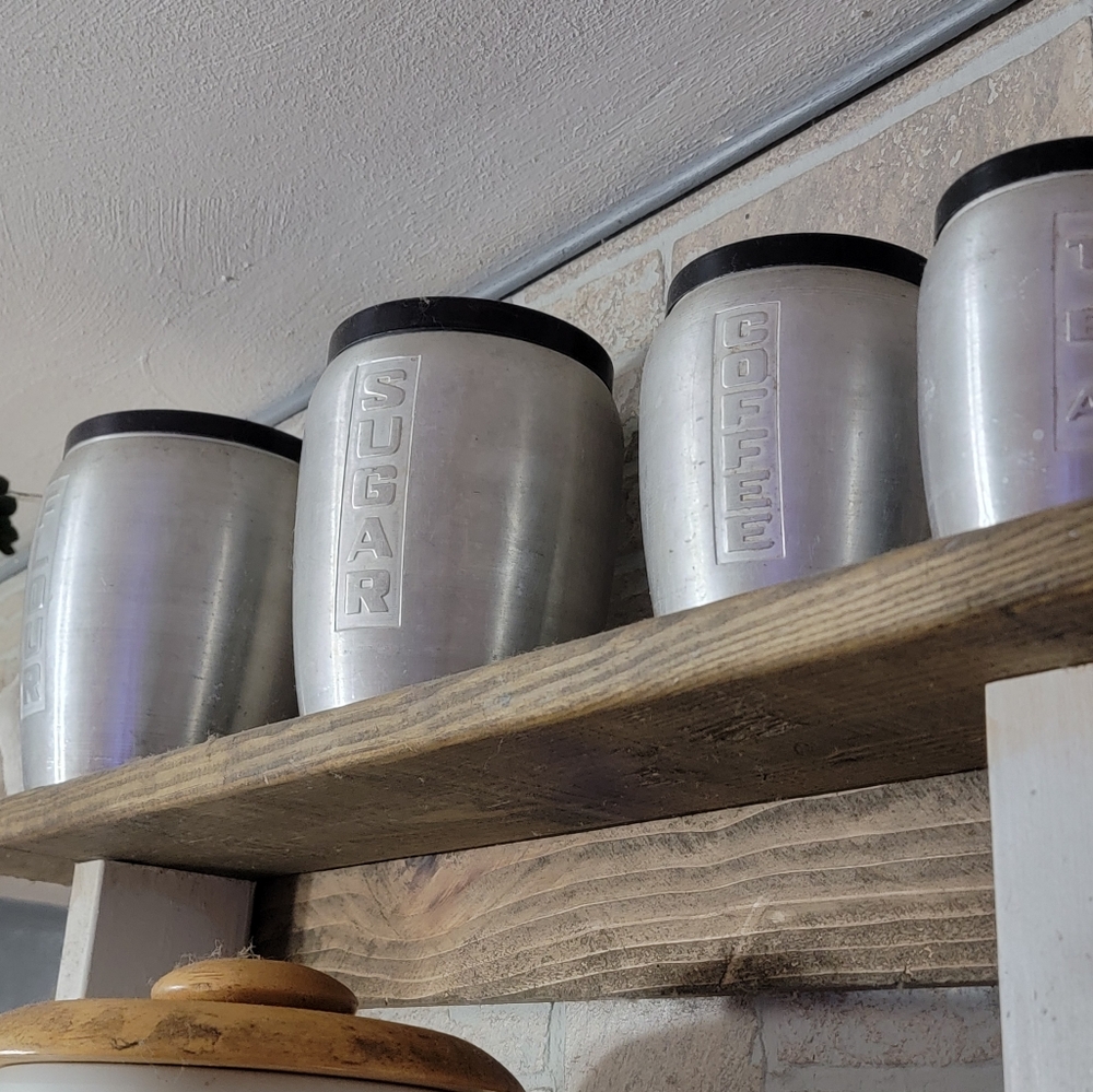 Spun aluminum canister set, salt and pepper shakers, spice rack